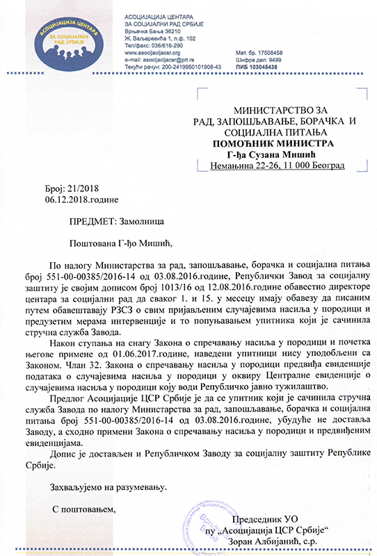 Замолница министарству